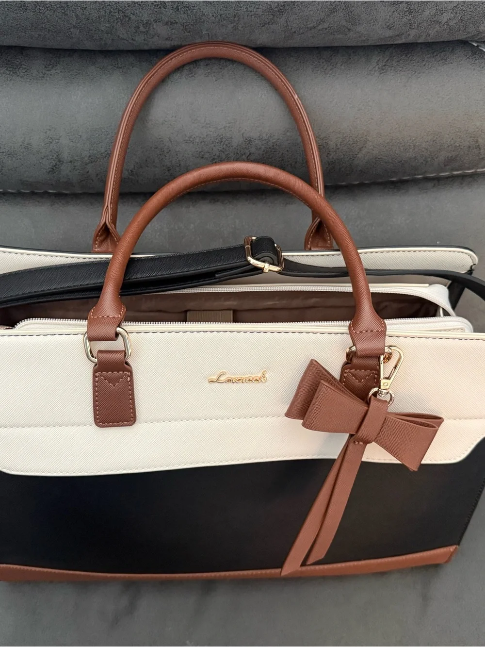 Ladies Three-Tone Laptop Tote Bag in Black, Cream & Brown